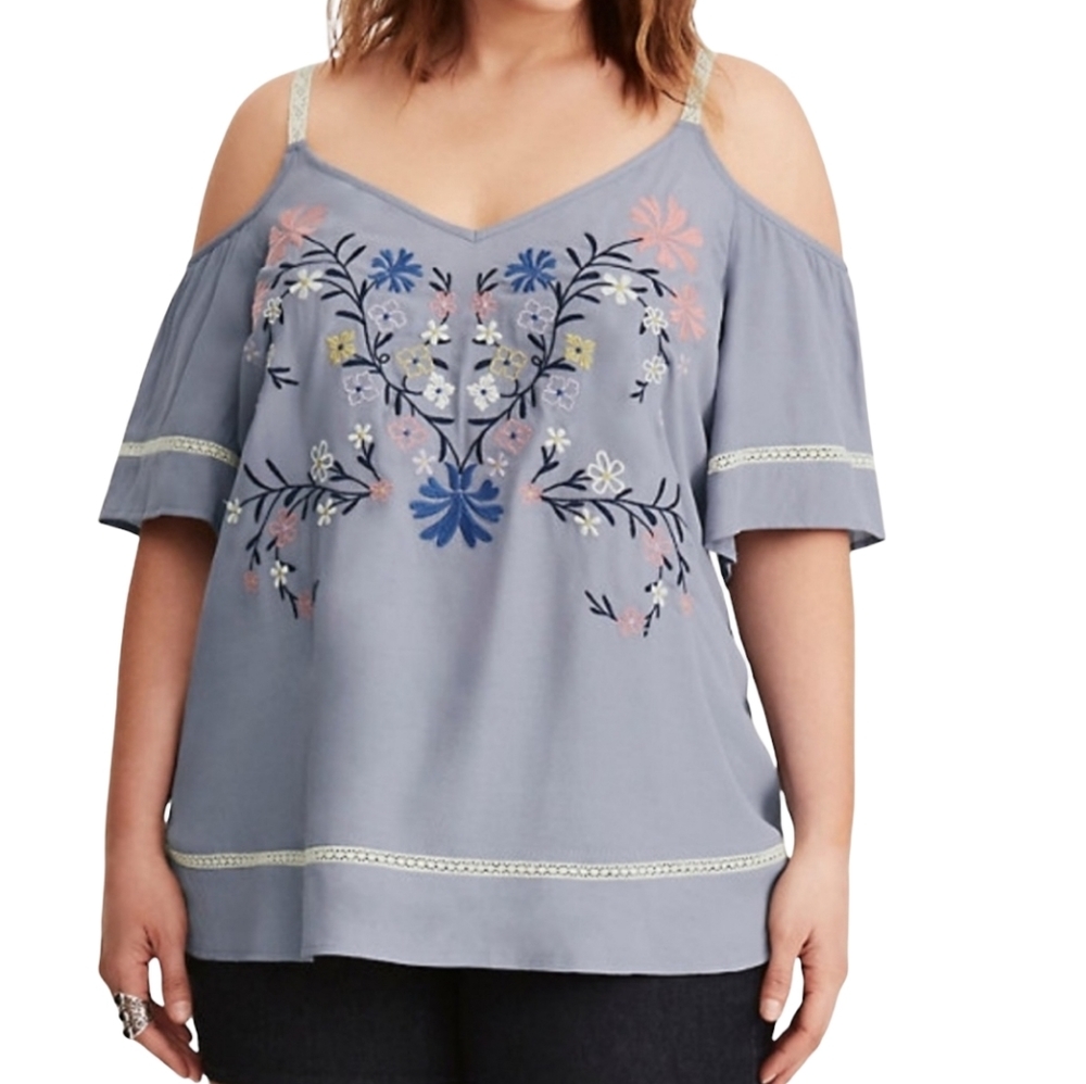 Torrid Blue Embroidered Off the Shoulder Top